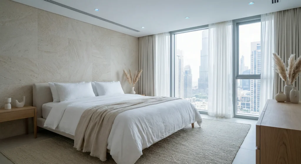Elegant duvet covers Dubai styled on king-size bed in contemporary apartment
