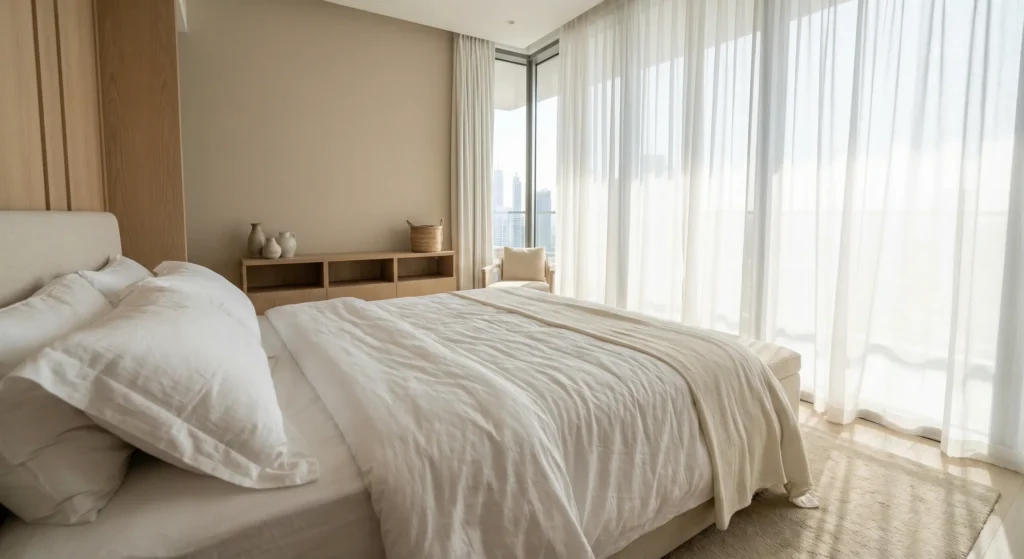 Luxury white duvet covers Dubai in modern bedroom with city skyline view