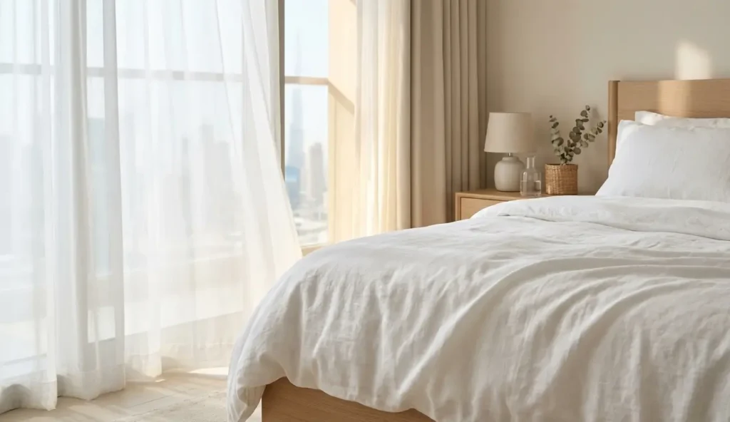 Minimalist bedroom with breathable cotton bed sheets and soft natural light, ideal bedding for comfortable sleep in the UAE’s warm climate.