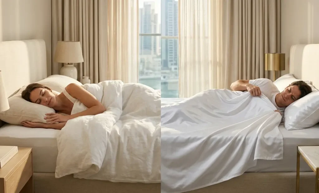 Comparison of cotton and polyester bed sheets in a modern bedroom showing breathable cotton bedding versus synthetic polyester sheets for sleep comfort in the UAE climate.