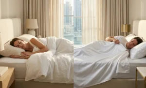 Comparison of cotton and polyester bed sheets in a modern bedroom showing breathable cotton bedding versus synthetic polyester sheets for sleep comfort in the UAE climate.