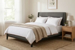 Deep pocket fitted sheet on modern bed in UAE bedroom interior showing secure mattress fit and breathable bedding