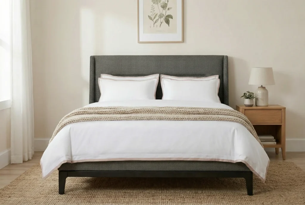 Queen size bed with fitted cotton sheet in UAE bedroom setup showing proper mattress fit and bedding arrangement