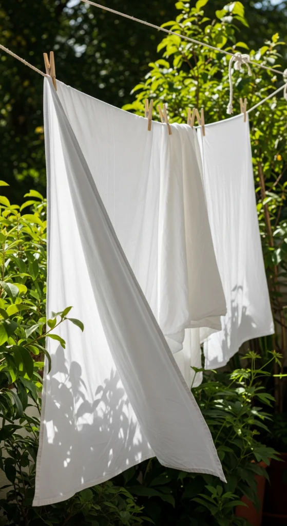 Organic cotton bed sheets drying on an outdoor clothesline in sunlight, showing breathable natural fabric.