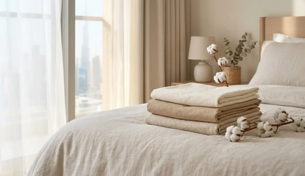 Folded organic cotton bed sheets displayed on a bed in a bright modern bedroom, highlighting natural breathable bedding ideal for warm climates.