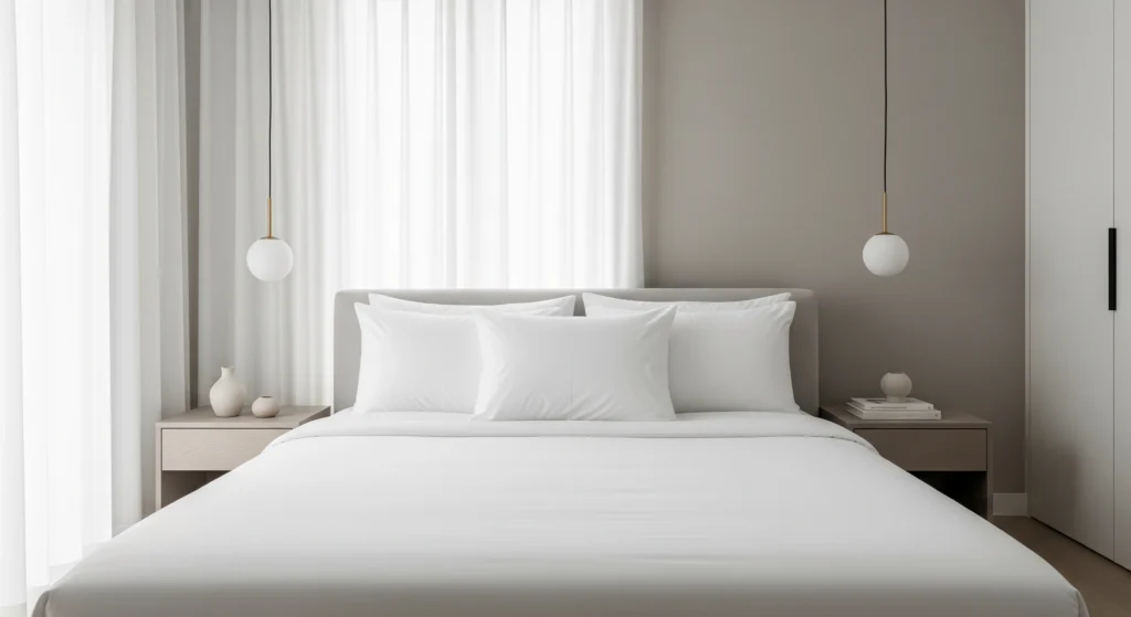 A soft bed with white cotton bed sheets and Pillows.