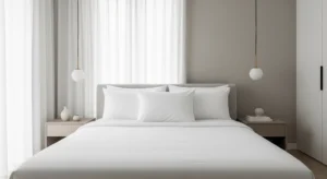 A soft bed with white cotton bed sheets and Pillows.