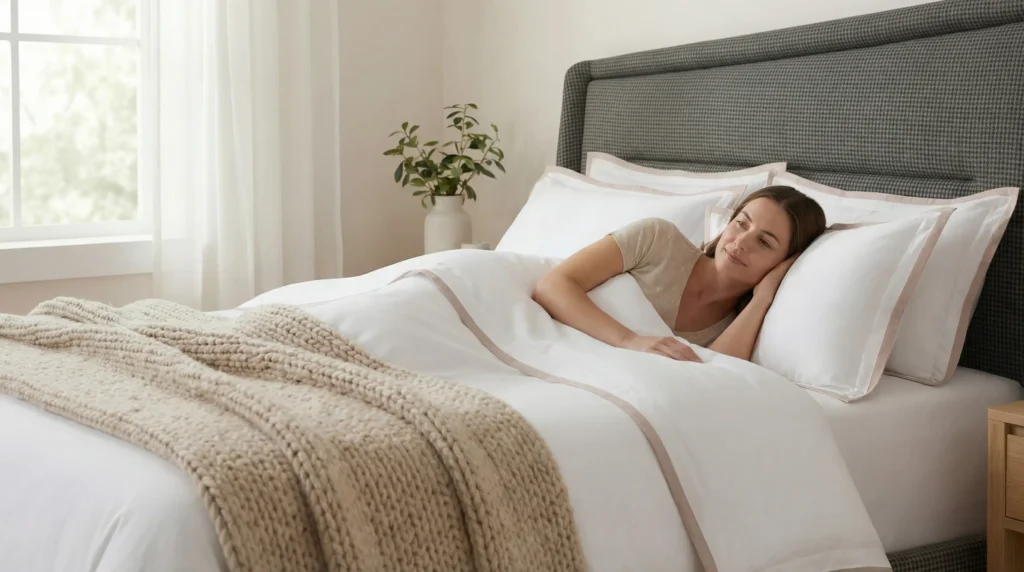 Woman sleeping comfortably on breathable cotton bed sheets in a cool bedroom environment in Dubai