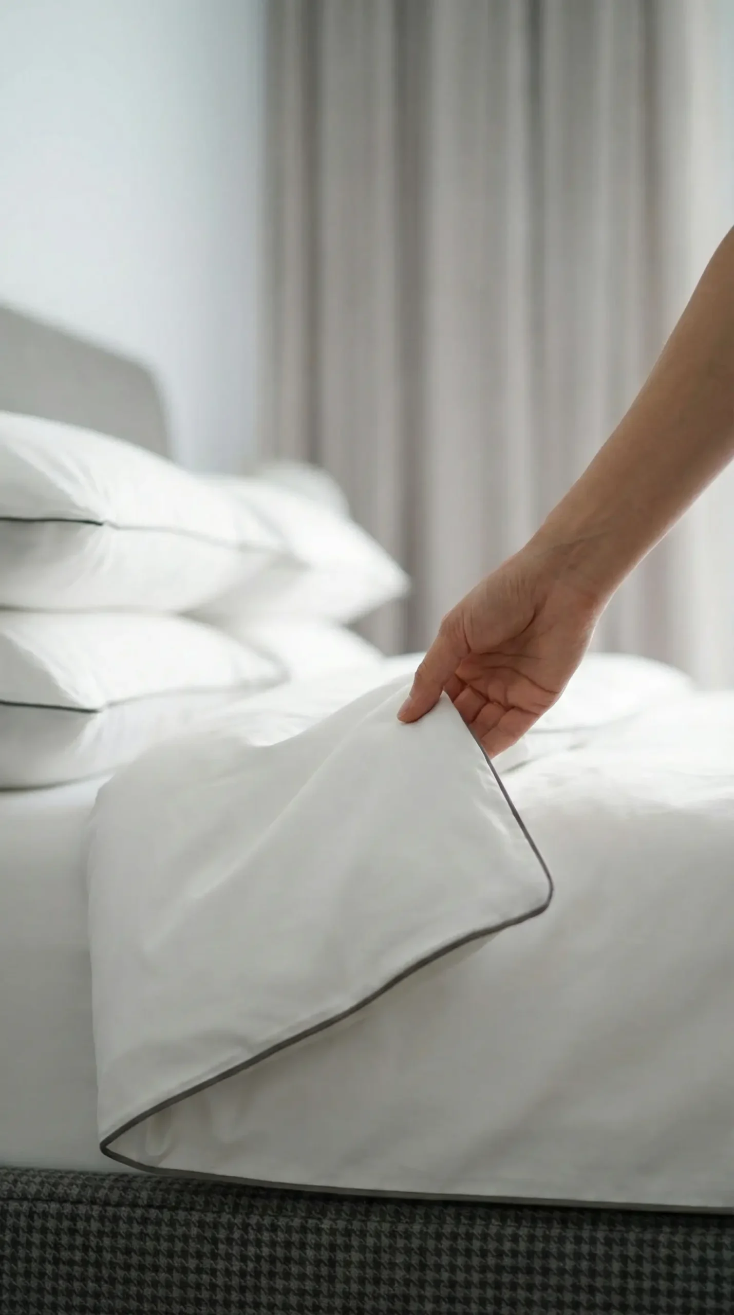 Close-up of a hand holding a cotton percale pillowcase showing smooth breathable fabric