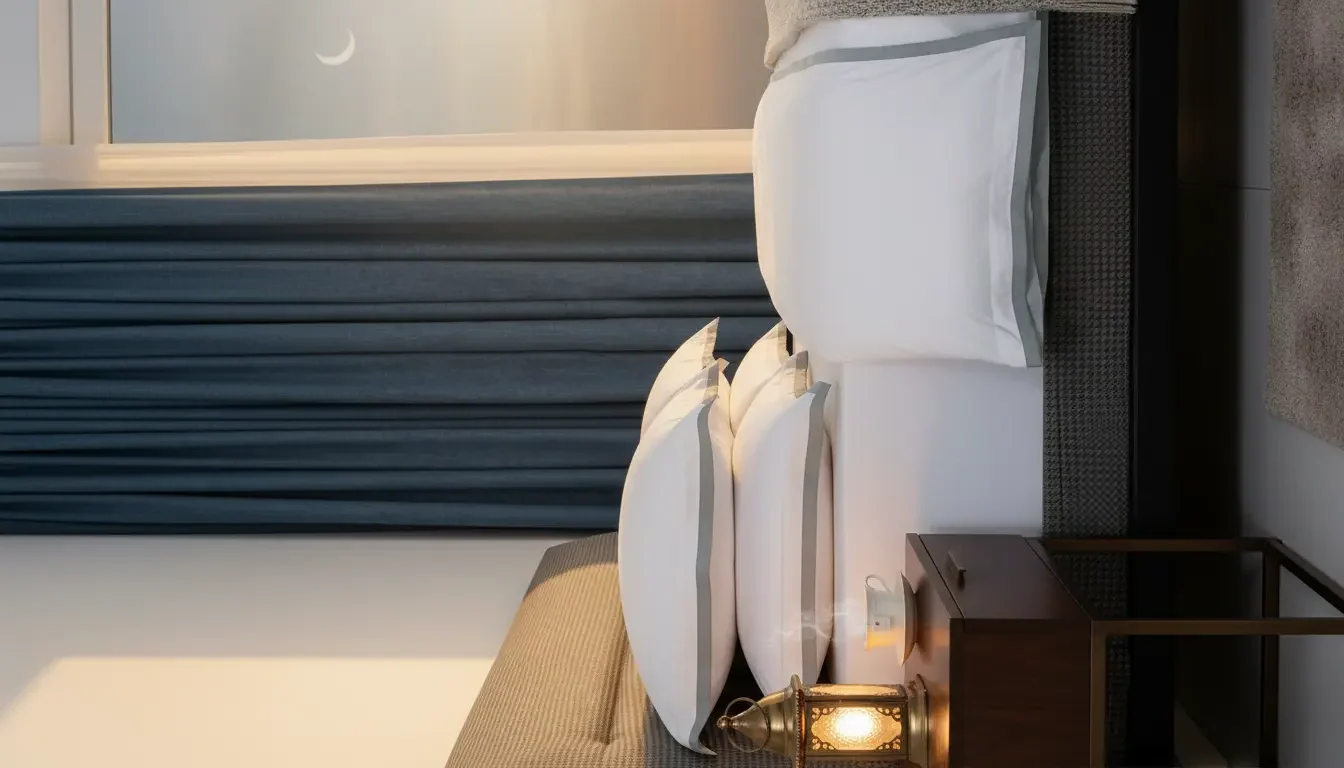 Cozy bedroom with breathable pillowcases and soft lighting for comfortable sleep in humid weather