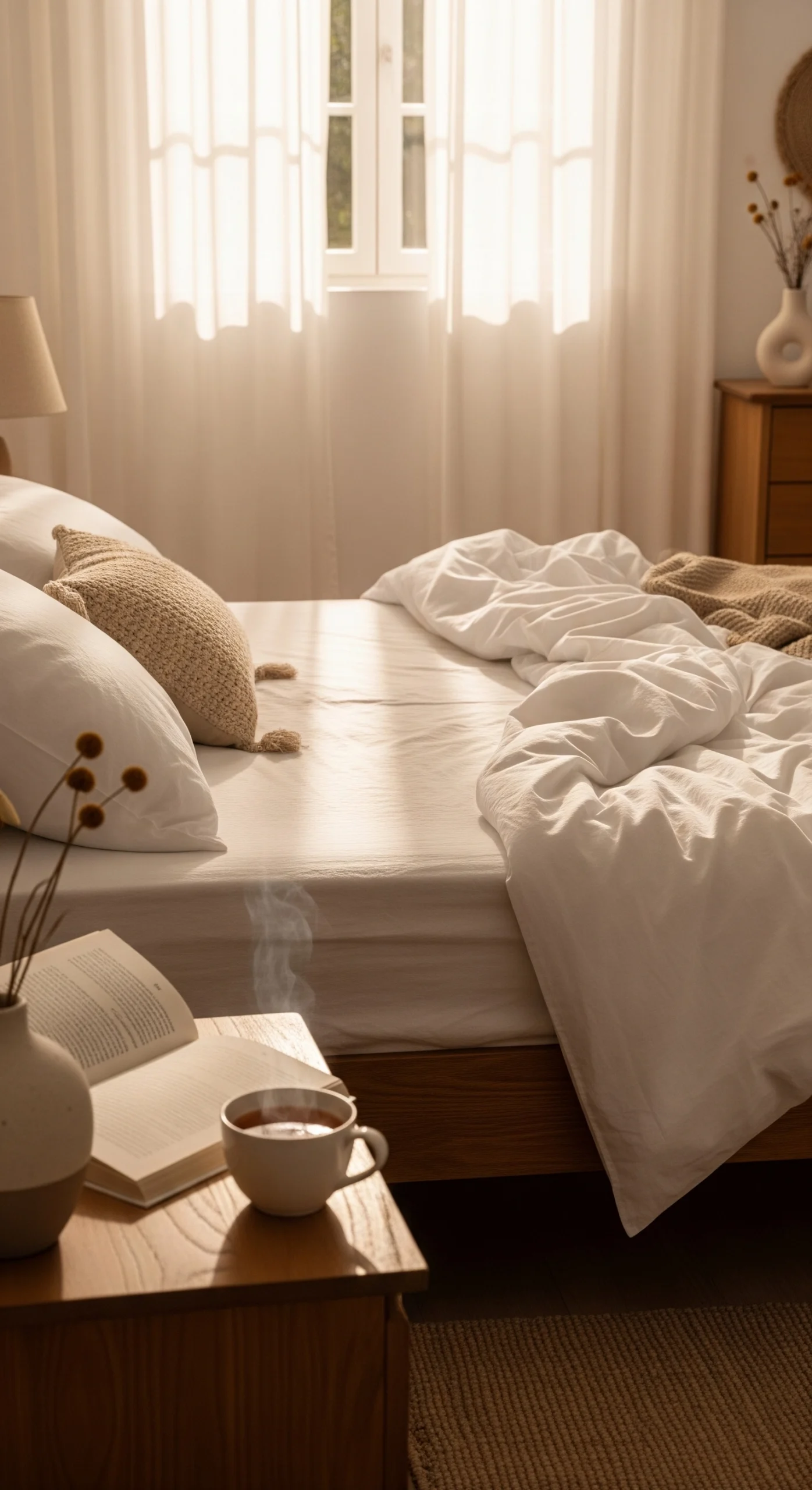 Cozy bedroom with organic cotton bed sheets, soft sunlight, and relaxed morning setup in UAE home