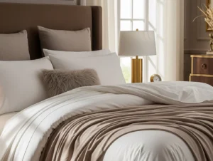 Luxury fitted bed sheet in neutral bedroom with breathable cotton bedding for UAE climate