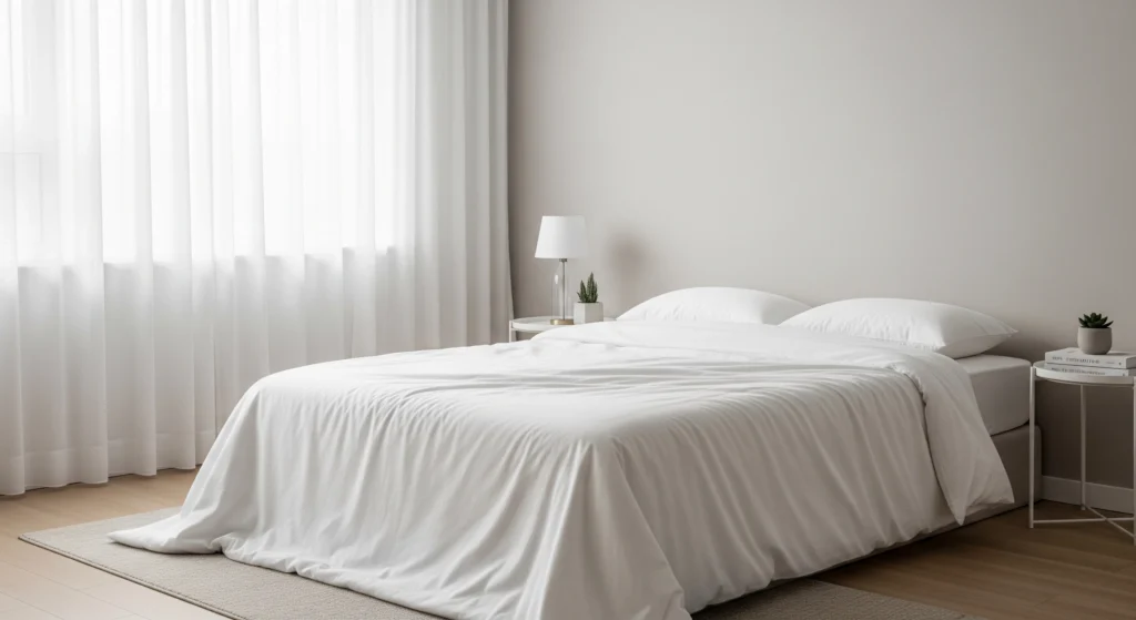 Minimalist bedroom with white breathable bed sheets and duvet cover suitable for hot UAE weather