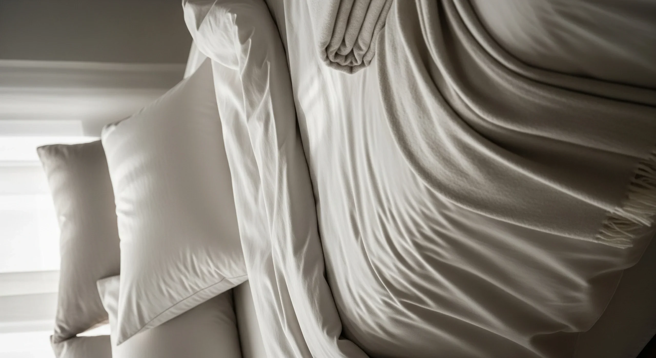 Close-up of organic cotton bed sheets and duvet cover with soft pillows in a modern UAE bedroom