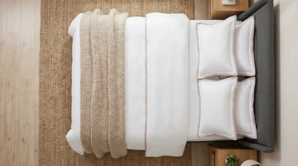 Hotel-quality bed setup with white cotton sheets and layered bedding in a modern bedroom