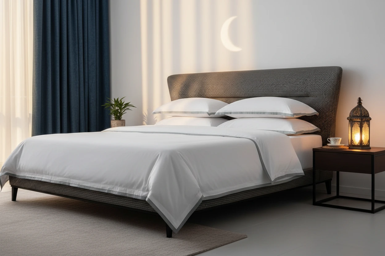 Hotel-style bedroom with crisp white bedding and breathable cotton sheets