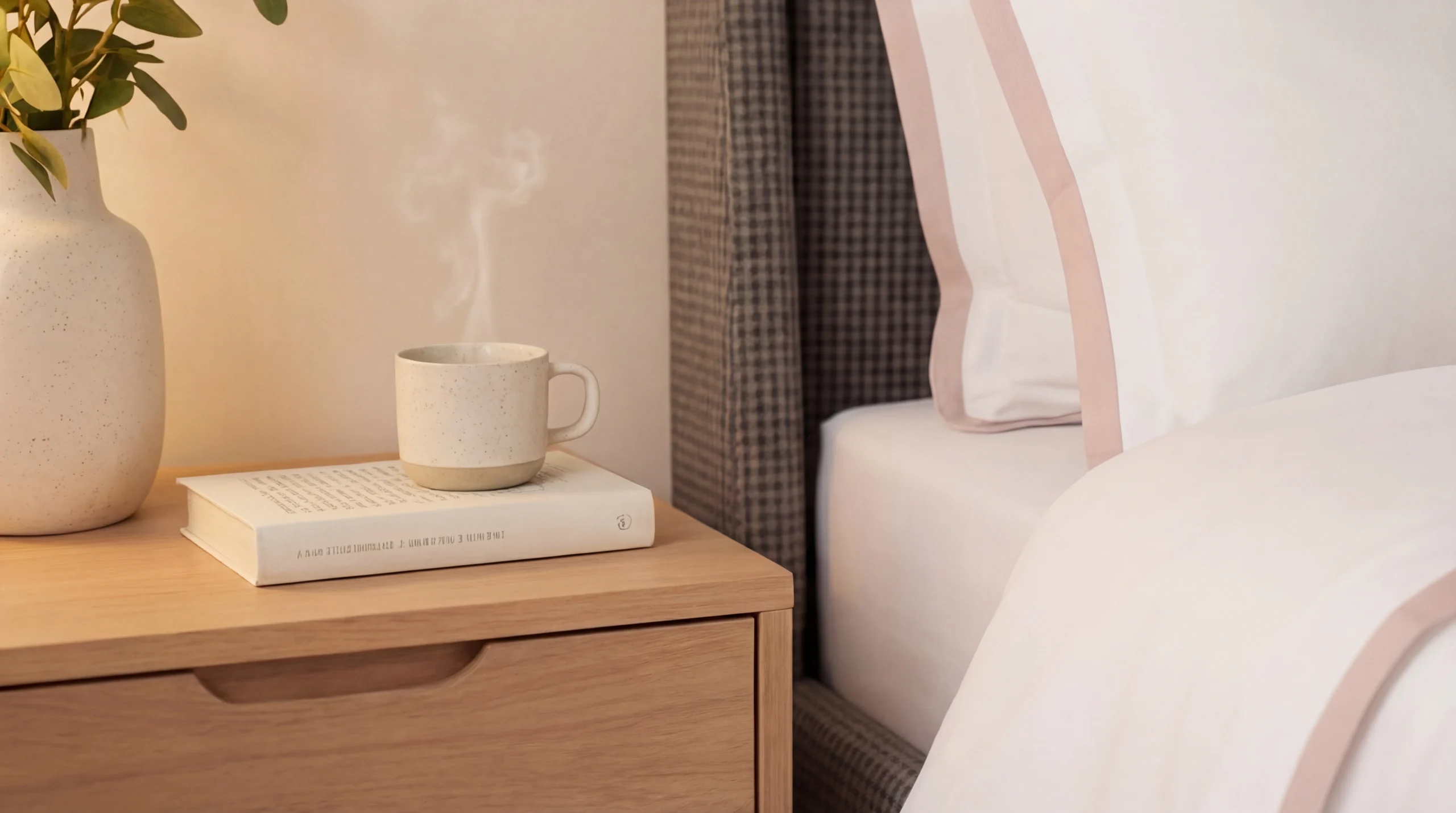 Luxury bedside setup with breathable cotton bed sheets and minimalist decor