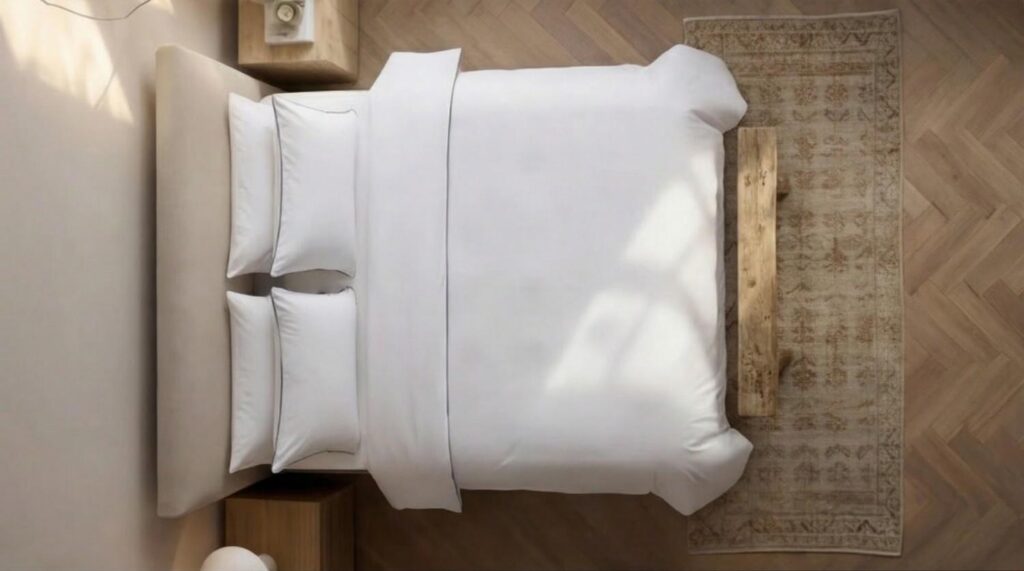 Top view of a premium luxury bed linen set with organic cotton duvet cover and soft white pillowcases