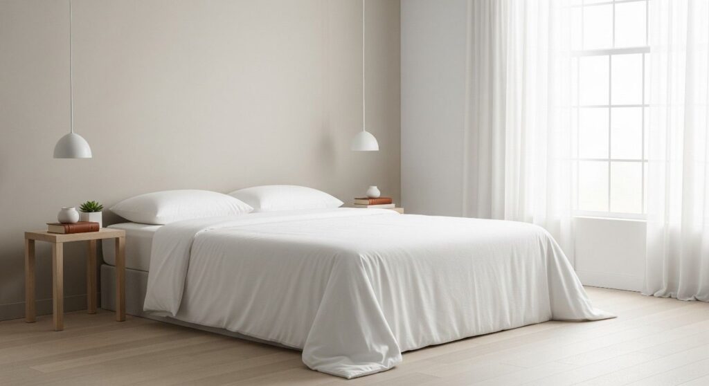 Organic cotton fitted sheet and flat sheet layered on a modern bed in a bright UAE bedroom with neutral décor.
