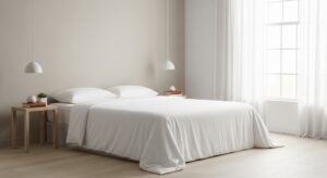 Organic cotton fitted sheet and flat sheet layered on a modern bed in a bright UAE bedroom with neutral décor.