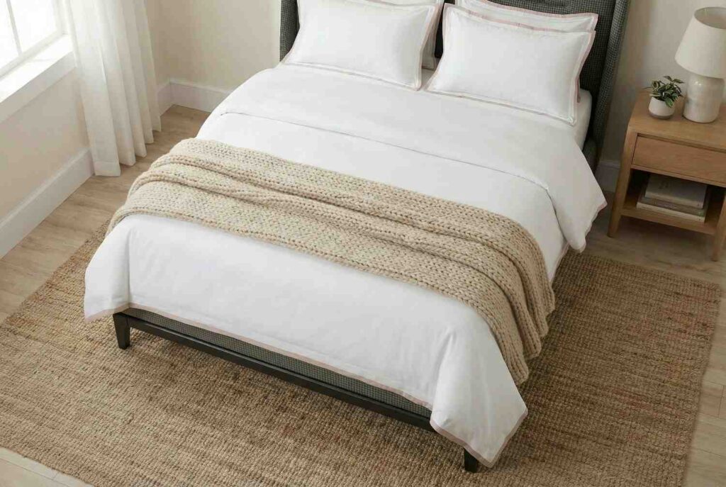 Close-up of a white organic cotton duvet cover with piped edges and matching pillowcases for luxury bedding in the UAE.