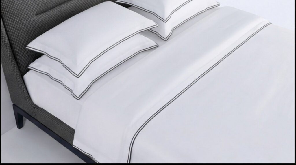 Luxury white organic cotton duvet cover set with matching pillowcases styled on a modern bedroom bed in a UAE home.