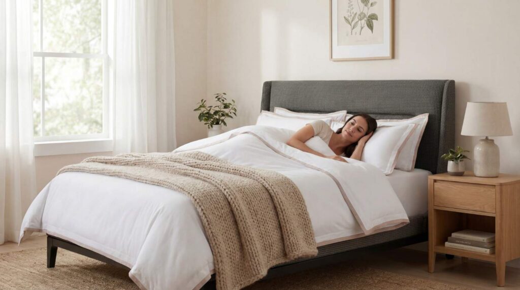 Woman sleeping on luxury organic cotton bed sheets in a Dubai bedroom with breathable hotel-quality bedding.