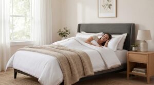 Woman sleeping on luxury organic cotton bed sheets in a Dubai bedroom with breathable hotel-quality bedding.