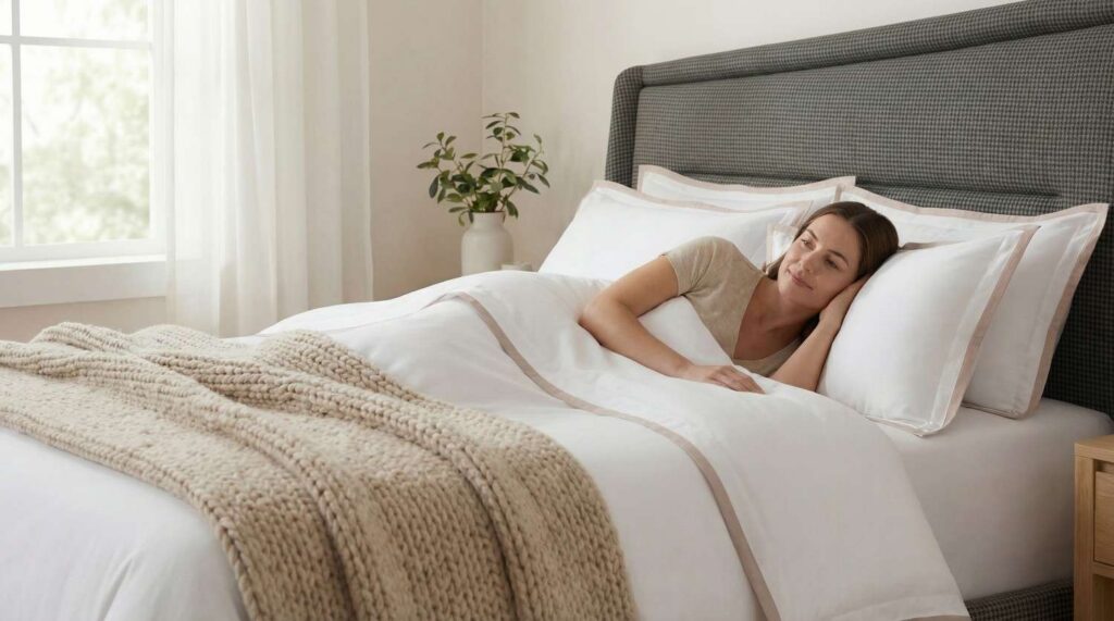 Woman sleeping comfortably on organic cotton bed sheets Dubai designed for breathable and cooling sleep under AC.