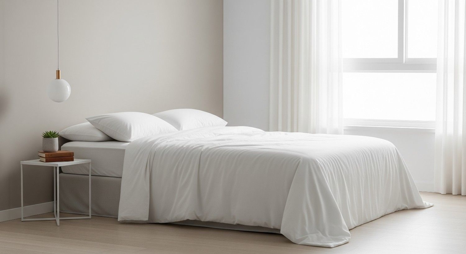Organic cotton bed sheets Dubai in a modern bedroom with breathable white bedding for cool and comfortable sleep.