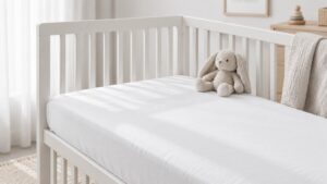 White crib fitted sheet on a baby cot in a minimalist nursery