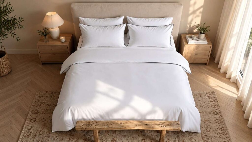 A luxury bedding looks like a hotel style.