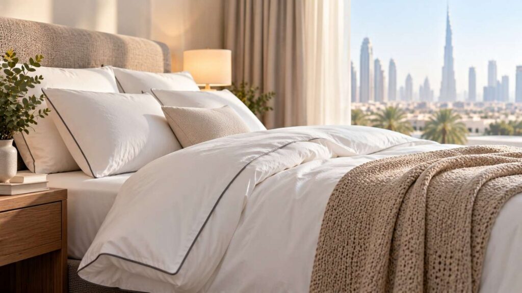 White duvet cover and beige knitted throw in a modern Dubai-style bedroom, illustrating lightweight bedding for cooler winter nights.