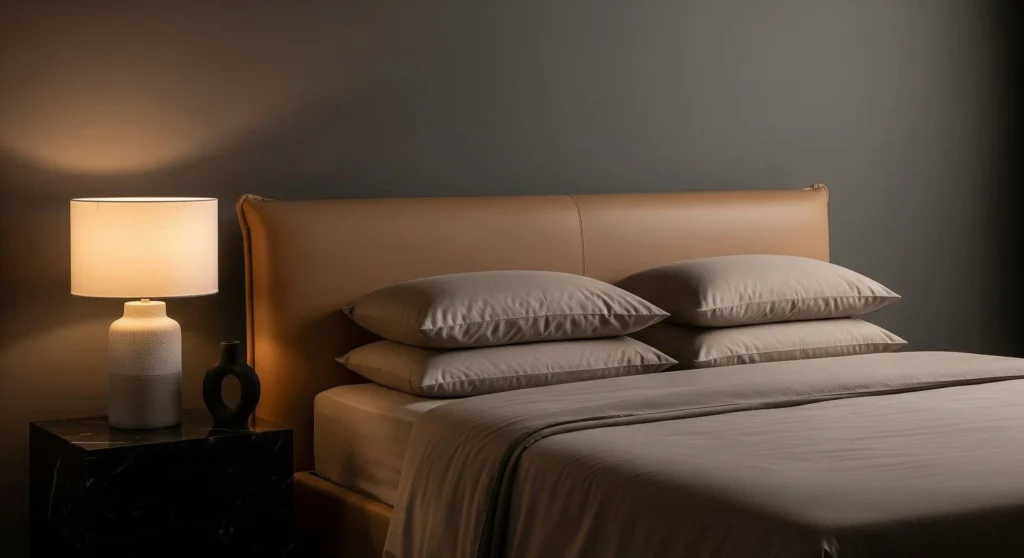 Taupe duvet cover and matching pillows in a modern bedroom with warm bedside lighting