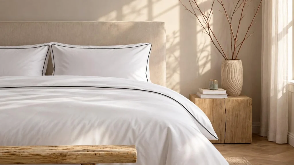 White duvet cover with black piping in a sunlit neutral bedroom